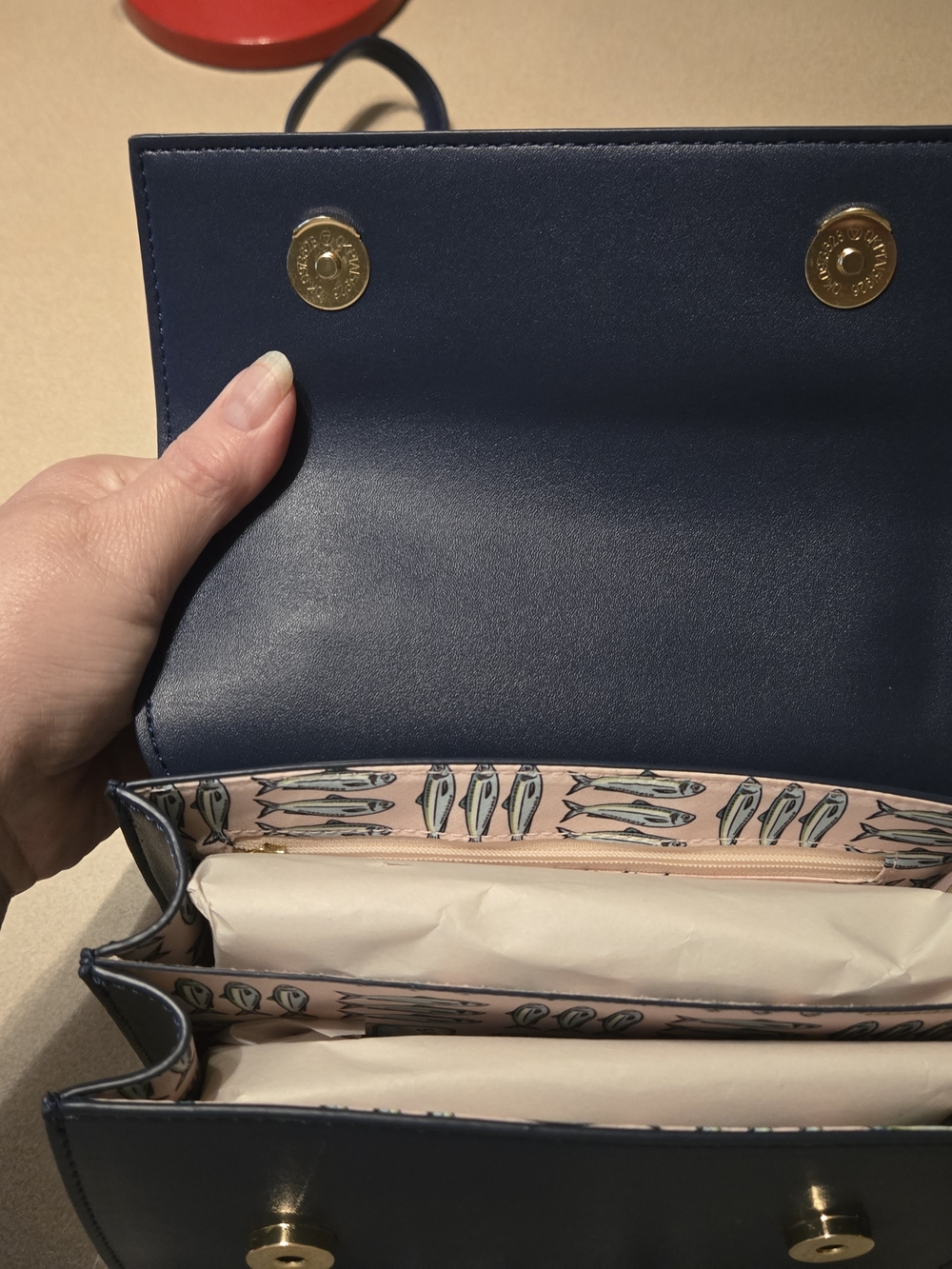 Betsey Johnson Pink and Navy Sardine Print Crossbody with Gold Hardware - Picture 3 of 6